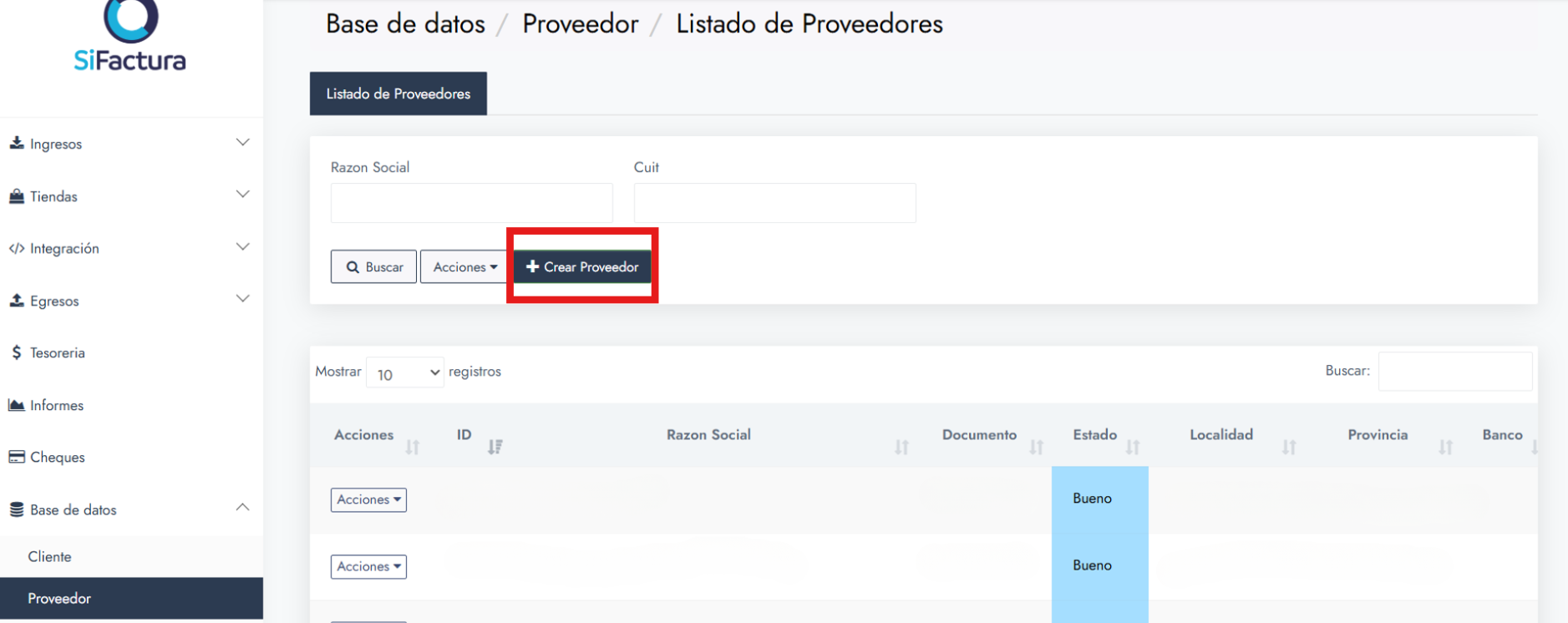 Botón para crear proveedor